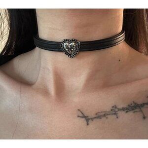 Faux Leather Choker Necklace with Silver Tone Heart Charm Gothic Witchy Jewelry